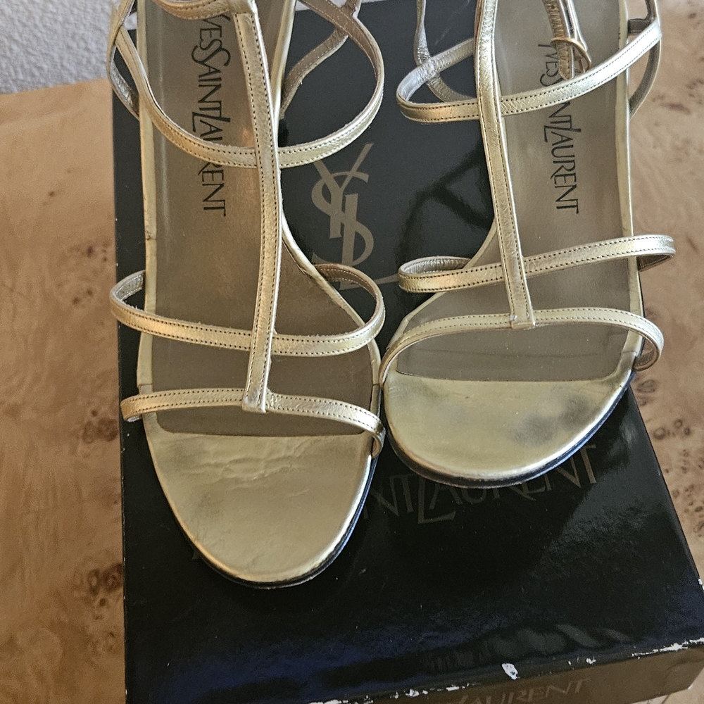 Yves Saint Laurent  Metallic Gold Strappy Heeled Sandals